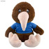 A plush kiwi toy in brown with a blue shirt and light pink feet, featuring large eyes and a long beak.
