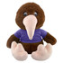 A brown plush kiwi toy with a large beak and a purple shirt, featuring a round body and pink feet.