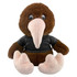 A plush toy kiwi in brown with a soft beak and feet, wearing a black shirt. It features large, expressive eyes.