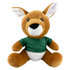 A brown kangaroo plush toy wearing a green shirt, featuring large ears and a friendly face, with a logo on the shirt.