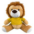 A plush lion toy with a friendly expression, featuring a yellow shirt and brown mane, in a seated position.