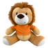 A cute lion plush toy with a fluffy mane, brown body, and wearing an orange T-shirt.