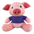 A pink pig plush toy wearing a purple shirt, featuring large ears and a friendly expression.