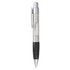 A plastic pen with a transparent barrel and black grip, featuring a silver clip and tip.