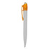 A plastic pen with a white barrel and an orange clip, featuring a logo on the surface.