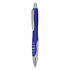 A plastic pen with a blue barrel and silver accents, featuring a logo on the side.