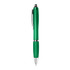 A plastic pen in vibrant green with a silver clip and accents. The pen features a smooth grip.