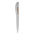 A plastic pen in white with orange accents and a logo on the body.