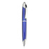 A blue plastic pen with silver accents and a clip, featuring a smooth, elegant design and a logo.