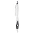A plastic pen in white and black, featuring a textured grip and a shiny silver clip. It has a logo on the barrel.