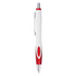 A plastic pen featuring a white body with red accents and a silver clip. It has a sleek, modern design.