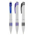 Three plastic pens in white with blue, purple, and black accents, featuring a logo on each pen.