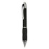 A black plastic pen with a textured grip and chrome accents, featuring a logo.