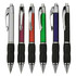 A set of six plastic pens in silver, purple, red, green, and black with rubber grips and chrome accents. Each pen has a logo.