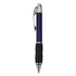 A plastic pen in a vibrant purple colour with a black rubber grip and chrome accents. It features a logo.