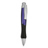 A plastic pen in purple and silver with a textured black grip and a clip. Features a logo on the barrel.