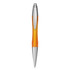 An orange plastic pen with silver accents and a transparent barrel, featuring a logo on the side.