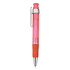 A pen featuring a pink transparent body, silver accents, and an orange grip. It includes a logo on the body.