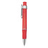 A red plastic pen with a silver clip and a soft grip section. The pen features branding on the barrel.