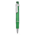 A green plastic pen with a silver clip and grip. The pen features a transparent barrel with a logo.