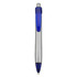 A plastic pen with a silver barrel and a blue grip and click top, featuring a branding logo.