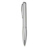 A silver plastic pen featuring a sleek design and a clip for easy attachment. It includes a brand logo on the barrel.