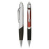 A set of two plastic pens, one in silver and black, the other in red and black, with a branding logo.