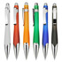 A collection of six plastic pens in white, orange, green, blue, red, and black, featuring chrome accents and a logo.