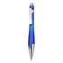 A plastic pen in gradient shades of blue with a silver clip and tip. It features a logo on the barrel.