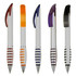 A selection of plastic pens in red, orange, purple, and black, featuring a white barrel and grip designs.