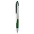 A plastic pen with a silver barrel and green grip, featuring a clip and a branding logo.