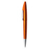 An orange metallic pen with a silver clip and tip, featuring a sleek design and a logo.