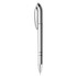 A metallic silver pen with a sleek design and a clip for attachment. It features a logo on the body.