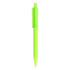 A bright green plastic pen with a clip and a smooth finish. It features a logo on its body.