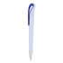 A plastic pen in light purple with a blue clip and a silver tip. It features a logo on the body.