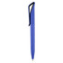 A blue plastic pen with a sleek design and a clip. The product has a logo on it.
