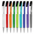 A collection of plastic pens in clear, red, orange, green, blue, purple, and a few other colours with chrome accents.