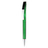 A green plastic pen with a silver clip and a sleek design. It features a branding logo on the surface.