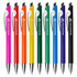 A collection of plastic pens in pink, orange, yellow, green, blue, and purple, featuring a white grip and a logo.