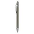 A sleek, metallic grey pen with a chrome clip and tip, featuring a simple design and branding.