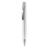 A silver plastic pen with a sleek design and a clip, featuring a shiny finish.