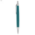 A teal pen with a silver clip and tip, featuring a sleek design and a branding logo.