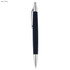 A navy blue pen with a silver clip and tip, featuring a sleek design and branding on the barrel.