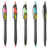Five plastic pens with black bodies, featuring pink, red, green, and blue accents, each with a logo.