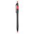 A black plastic pen with red accents, featuring a clip and a sleek design, includes a logo on its body.