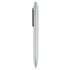 A silver plastic pen with a sleek design and a clip for easy attachment, featuring a branded logo.