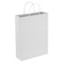 A white paper trade show bag with handles, featuring a smooth surface and no visible branding.