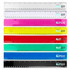 A set of plastic rulers in various colours including clear, pink, yellow, red, blue, and black, each with markings and a logo.