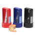 Three pencil sharpeners in red, blue, and black, with shavings in front of them. Each has a logo on its side.