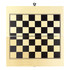 A wooden play case featuring a black and beige checkered board for various games. It includes a logo on the surface.
